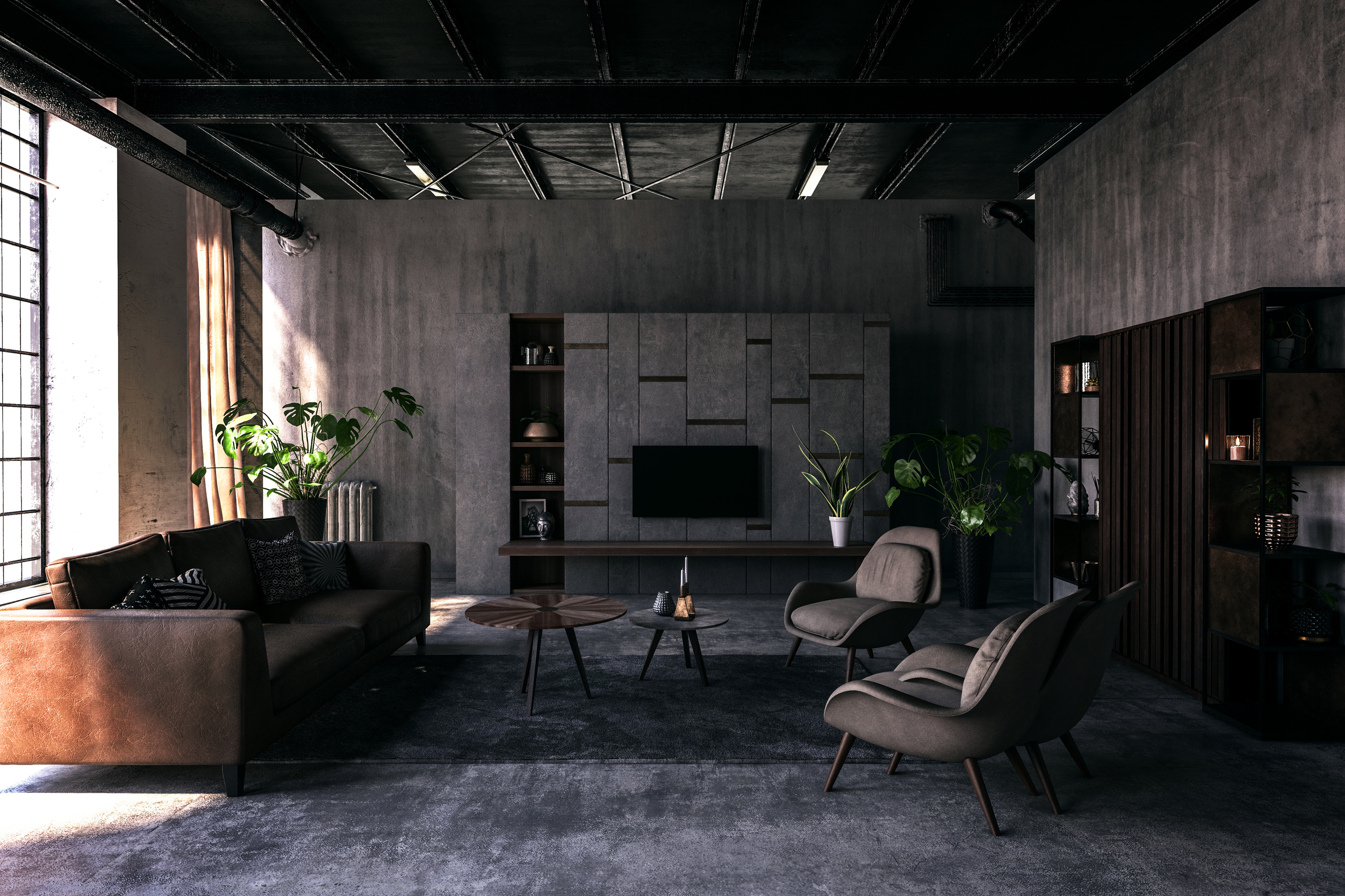 Spacious Living Room with Dark Interior